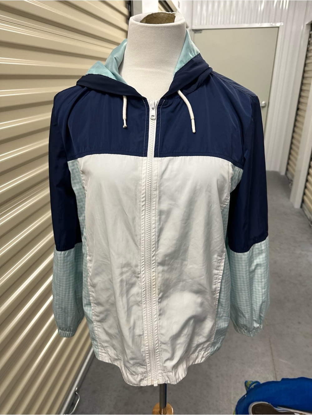 crown & ivy Navy, White and Light Blue Colorblock Plaid Windbreaker Jacket